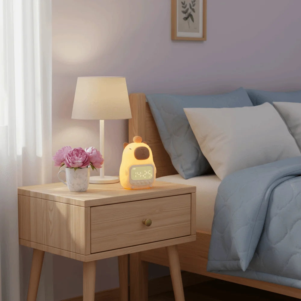 DomSupplies™ Soft Cartoon Capybara Alarm Clock & Night Light – USB Rechargeable Silicone LED Bedside Lamp with Soft Glow