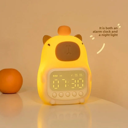 DomSupplies™ Soft Cartoon Capybara Alarm Clock & Night Light – USB Rechargeable Silicone LED Bedside Lamp with Soft Glow