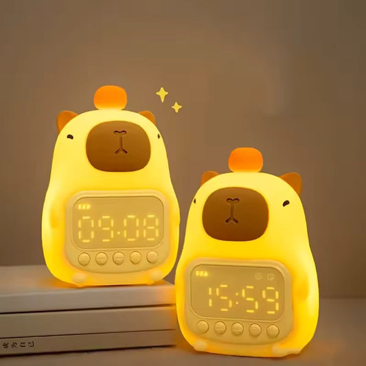 DomSupplies™ Soft Cartoon Capybara Alarm Clock & Night Light – USB Rechargeable Silicone LED Bedside Lamp with Soft Glow