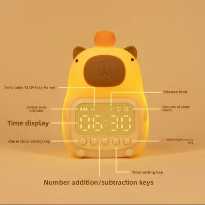 DomSupplies™ Soft Cartoon Capybara Alarm Clock & Night Light – USB Rechargeable Silicone LED Bedside Lamp with Soft Glow