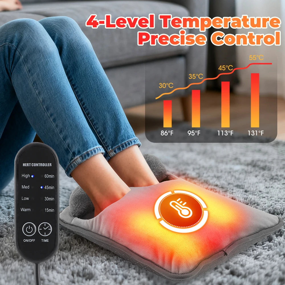 Electric Foot Heating Pad Household Foot Warmer Heater Mat with 4 Heat Levels & 4 Timers Fast Heating for Bed Office Winter Use