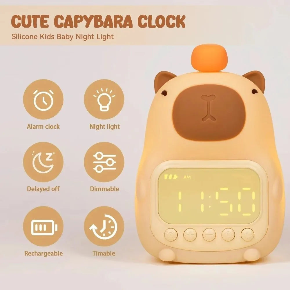 DomSupplies™ Soft Cartoon Capybara Alarm Clock & Night Light – USB Rechargeable Silicone LED Bedside Lamp with Soft Glow