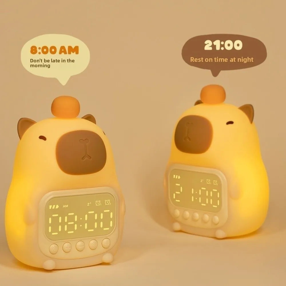 DomSupplies™ Soft Cartoon Capybara Alarm Clock & Night Light – USB Rechargeable Silicone LED Bedside Lamp with Soft Glow